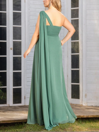 roselledress curvy sage green chiffon bridesmaid dress ruched open back draped long sash single strap outdoor bridal party gown