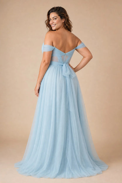 Dreamy A Line Off Shoulder V Back Bow Zipper Back Plus Size Glitter Tulle Maxi Prom Dress