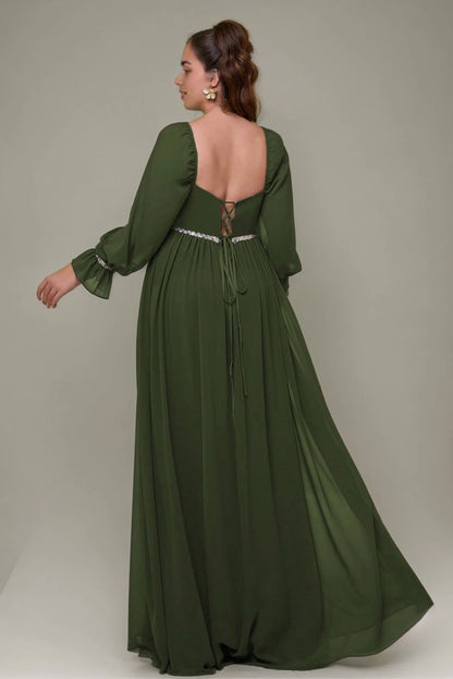 Back view Vedress olive green plus size criss cross back square neck chiffon prom dress formal gown