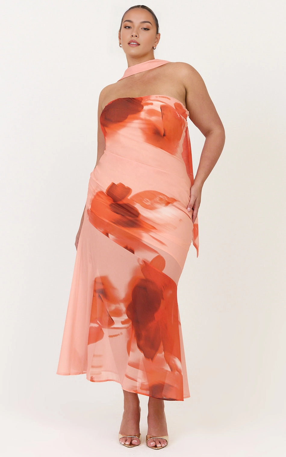 Midi Halter Open Back Floral Print Chiffon Plus Size Wedding Guest Midi Dress