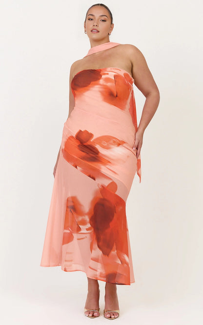 Midi Halter Open Back Floral Print Chiffon Plus Size Wedding Guest Midi Dress