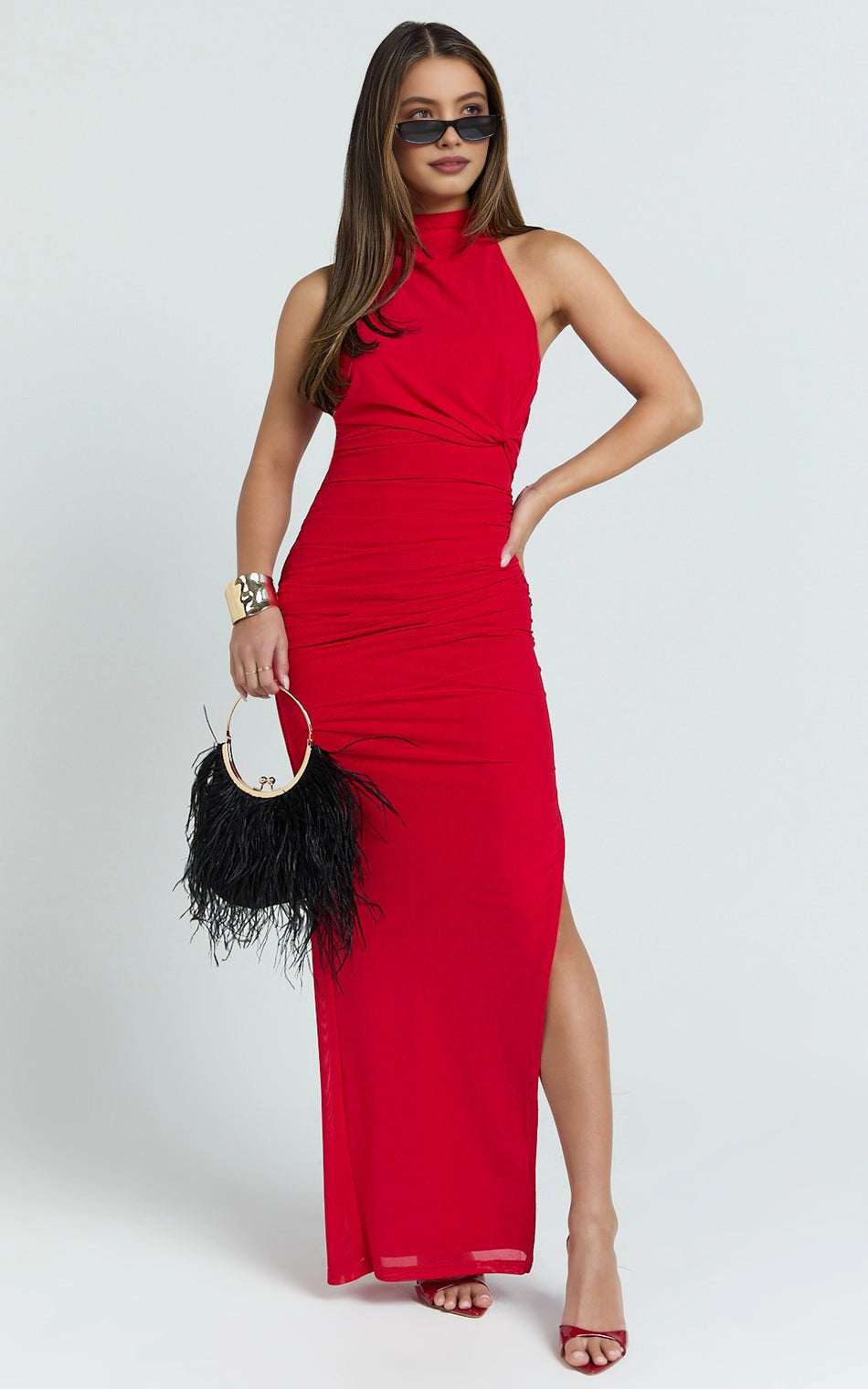 Ruched Halter Tie Back High Slit Bodycon Plus Size Wedding Guest Dress