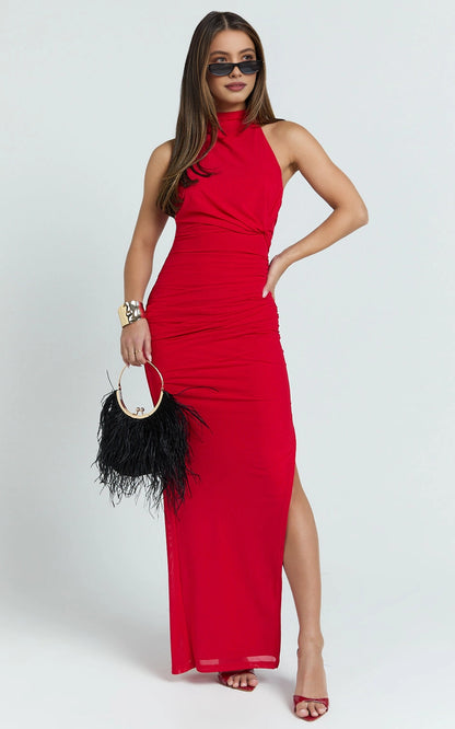 Ruched Halter Tie Back High Slit Bodycon Plus Size Wedding Guest Dress