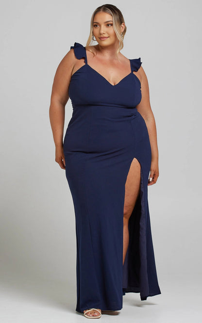 Ruffle Strap V Neck Tie Back Cutout High Slit Mermaid Plus Size Wedding Guest Dress 