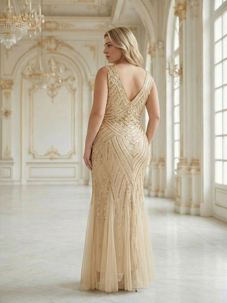 Roselledress Dusty Blue Mermaid V Neck Sleeveless Deep V Back Floor Length Plus Size Wedding Guest Dress