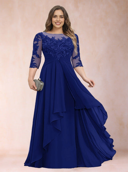 Dark Grey A Line Illusion Round Neck 3/4 Sleeve Sheer Lace Back Floor Length Plus Size Mother Of The Bride Dress
