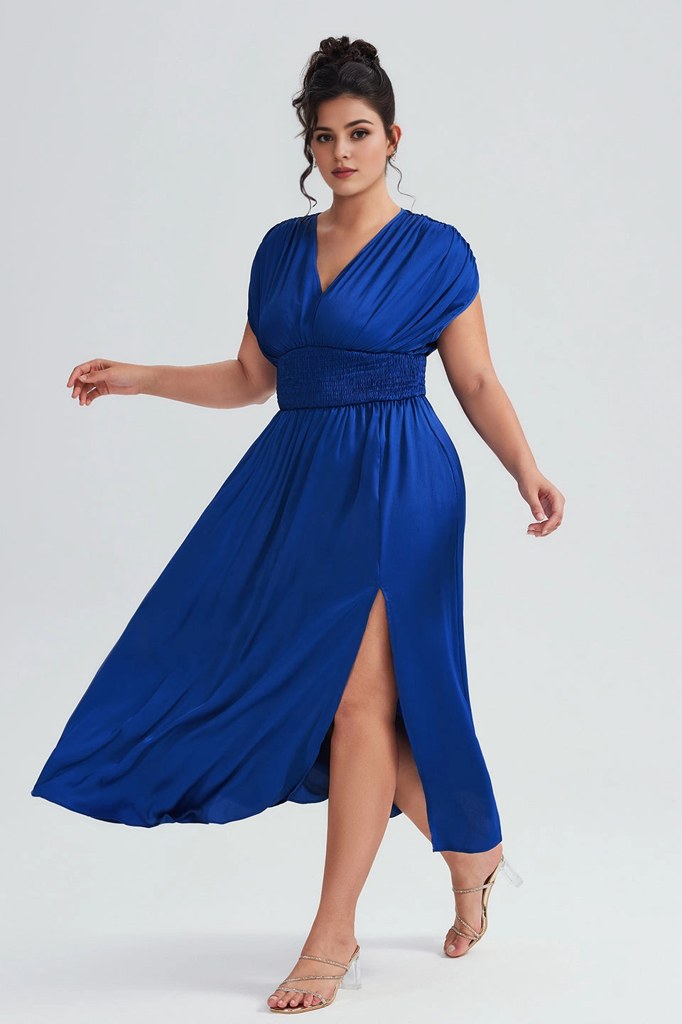 Plus Size Royal Blue A Line V Neck Cap Sleeve Tie‑Back Midi Prom Dress