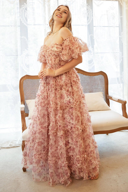 Dusty‑Pink Plus‑Size A‑Line Off‑Shoulder Puff‑Sleeve Zipper‑Back Floor‑Length Prom Dress 