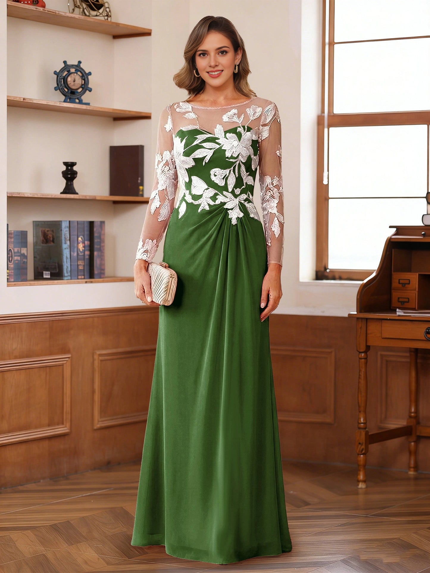 Floral A-Line Round-Neck Long-Sleeve Button-Back Floor-Length plus size Mother Of Bride Dress