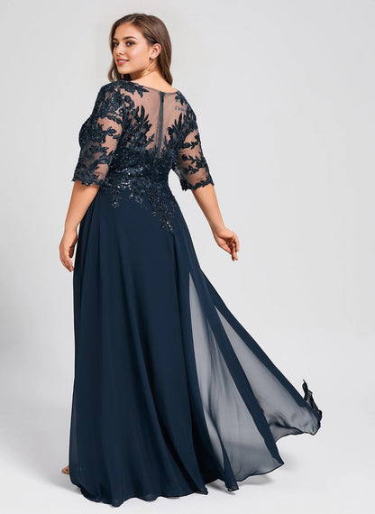 Roselledress dark navy plus size formal gown illusion lace zipper back rear view