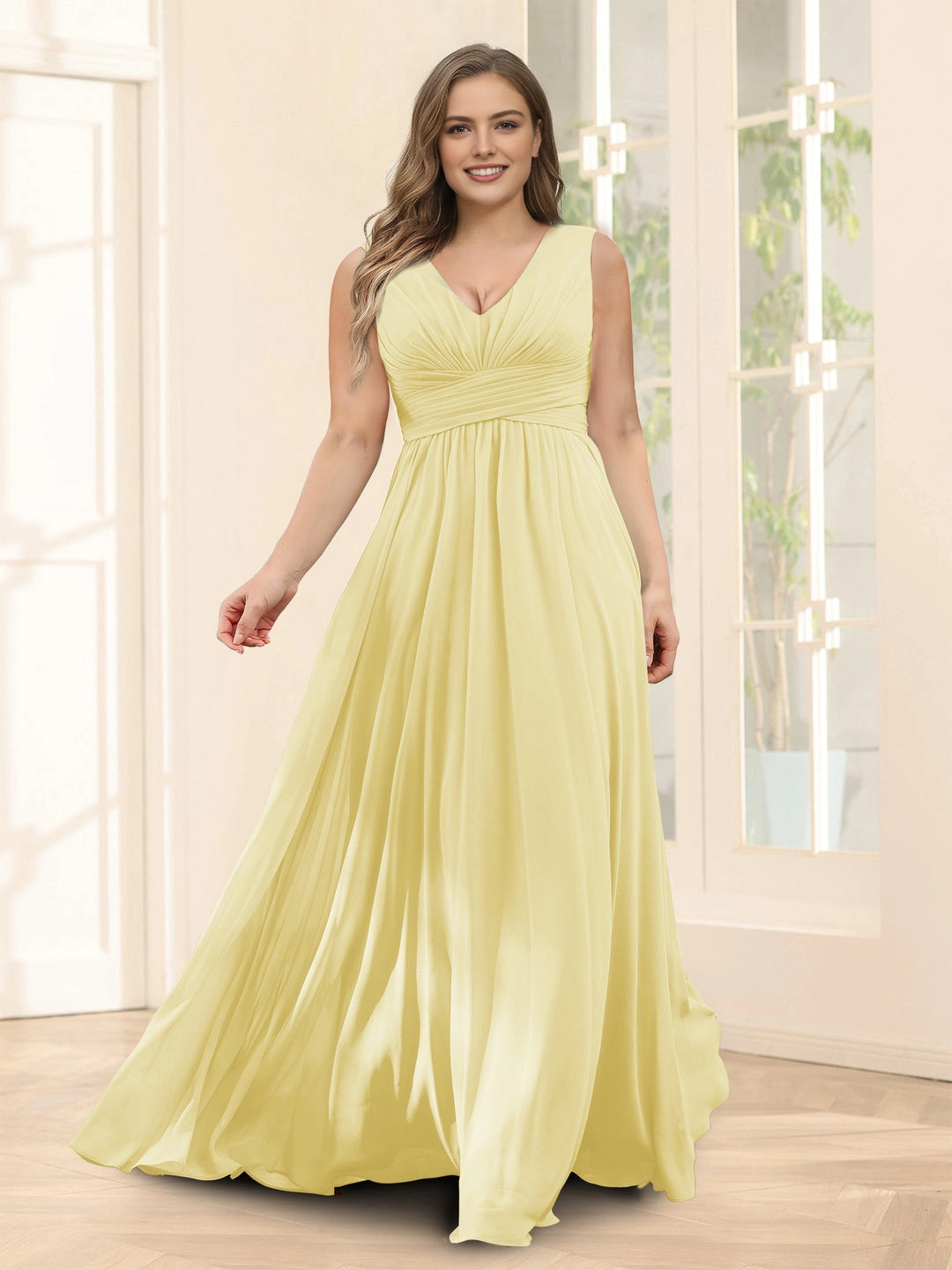 Plus‑Size Sleeveless V‑Neck Empire Waist Chiffon A‑Line Floor‑Length Wedding Guest Dress