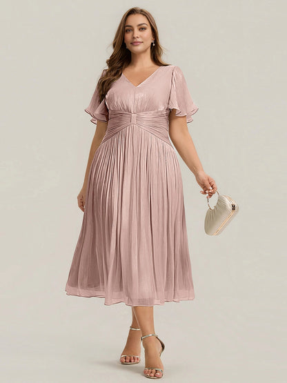 Sage Shimmer Chiffon Flutter Sleeve Midi Plus Size Wedding Guest Dress