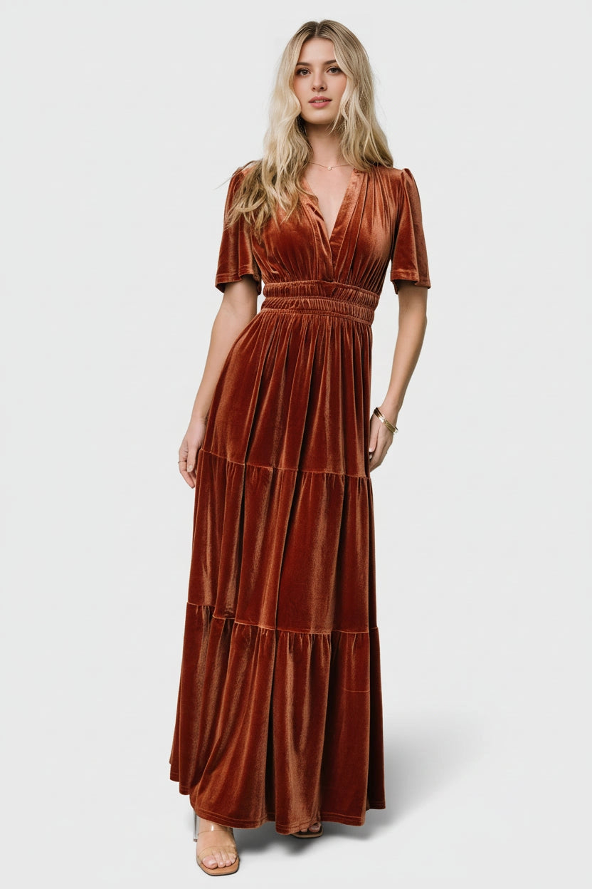 Emerald A‑Line V‑Neck Short‑Sleeve Smocked‑Back Floor‑Length Mother Of Bride Dress