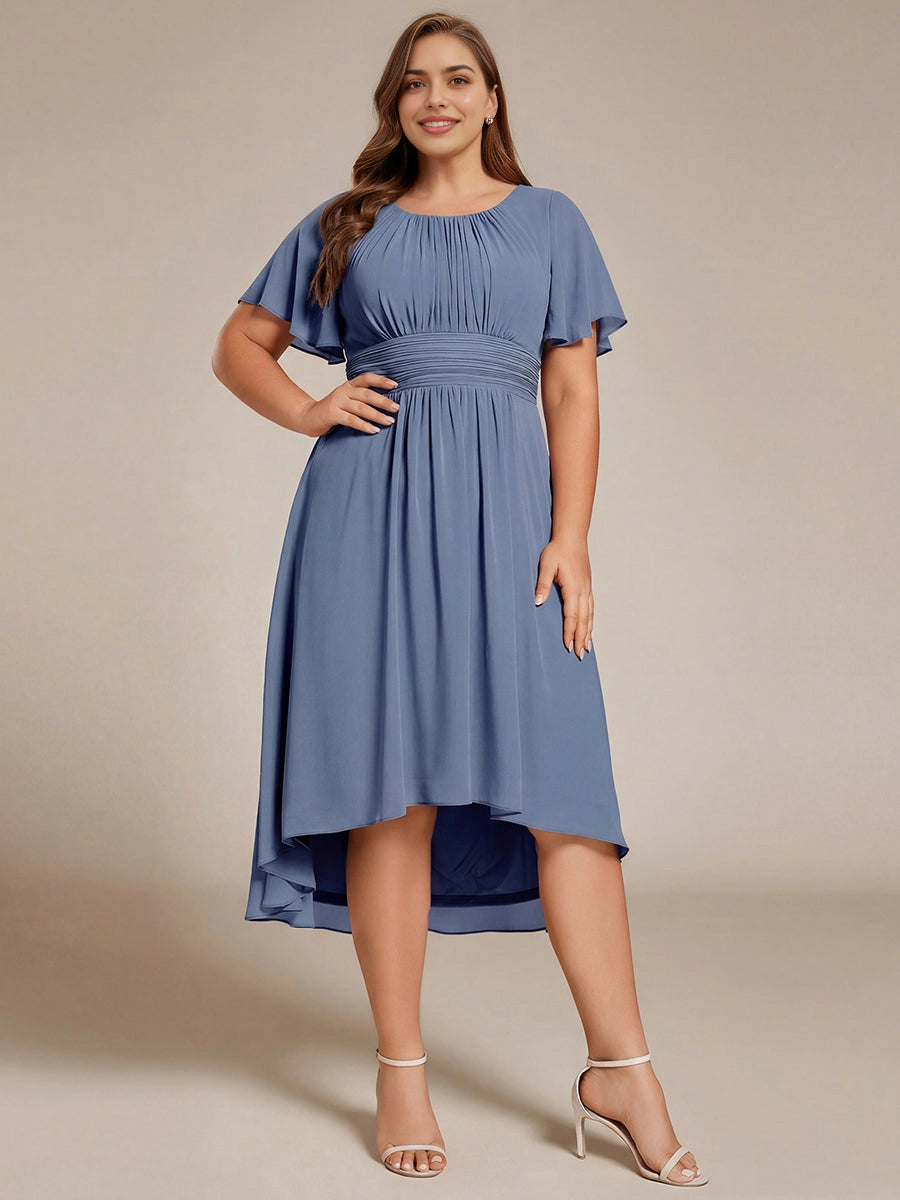 Roselledress Burgundy Round Neck Flutter Sleeve Zip Back High-Low Midi Plus Size Weeding Guest Dress