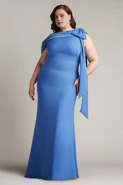 Plus Size Elegant Mermaid Asymmetric Neck Draped  Back Floor Length Wedding Guest Dress