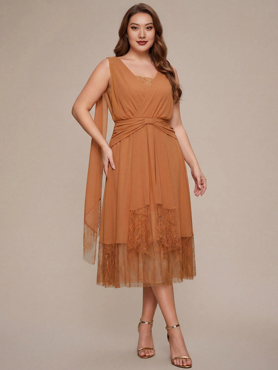 Elegant A-Line V-Neck Sleeveless Wrap Back Lace Hem Midi Plus Size Bridesmaid Dress