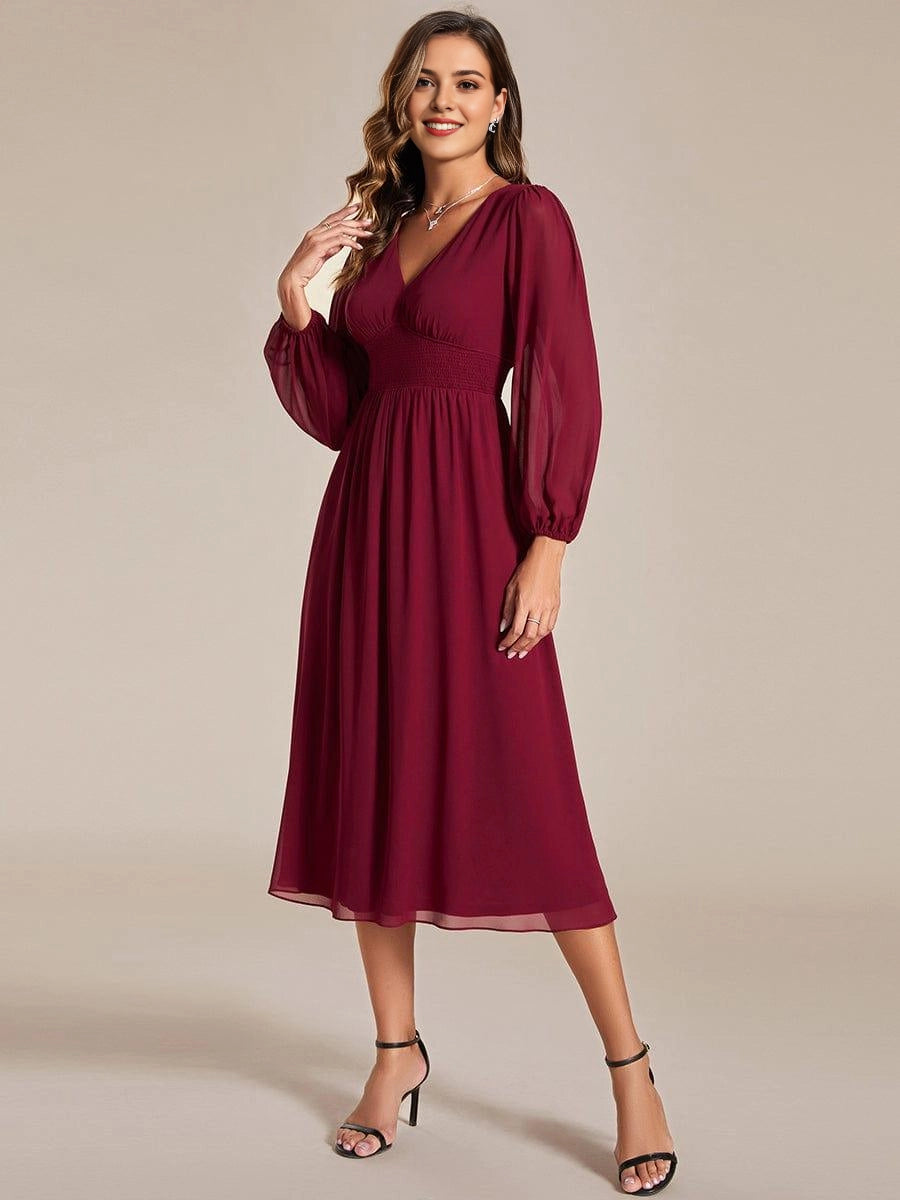 Roselledress Emerald A-Line V-Neck Lantern-Sleeve Solid-Zip-Back Midi Plus Size Weeding Guest Dress