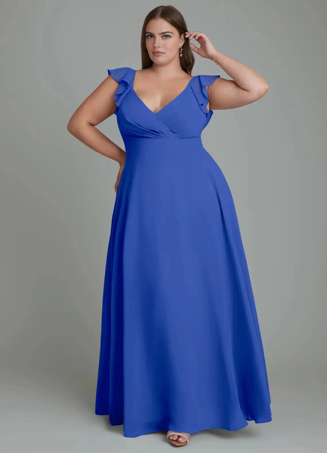 Burgundy Plus Size Chiffon A-Line V-Neck Ruffled Open Back Maxi Bridesmaid Dress