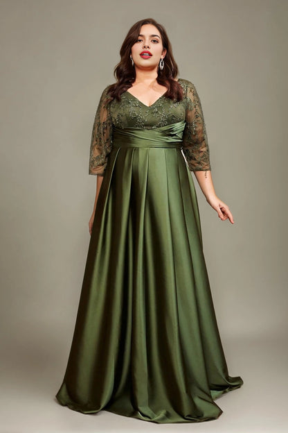 Dusty Lavender Plus Size A‑Line V‑Neck 3/4‑Sleeve V‑Back Zip‑Back Floor‑Length Prom Dress