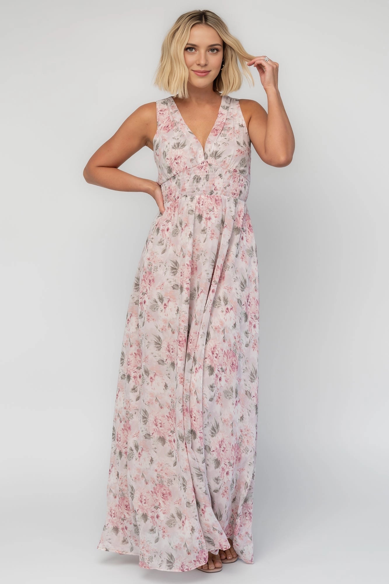 Soft A-Line V-Neck Sleeveless Plain-Back Floor-Length Floral Mother Of Bride Dress