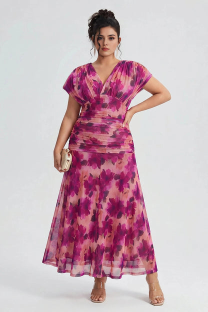 Chic Plus Size A‑Line Surplice‑V Flutter‑Sleeve Ruched‑Back Midi Mother Of Bride Dress