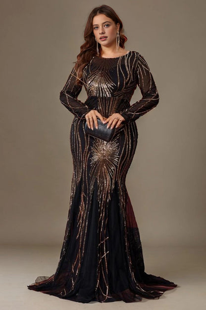 roselledress Espresso gold sequin plus size evening gown round neck long sleeve mesh mermaid train formal mother dress