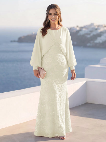 RoselleDress Dusty Blue Mermaid Round Neck Balloon Sleeve Keyhole Back Floor Length Plus Size Mother Of The Bride Dress