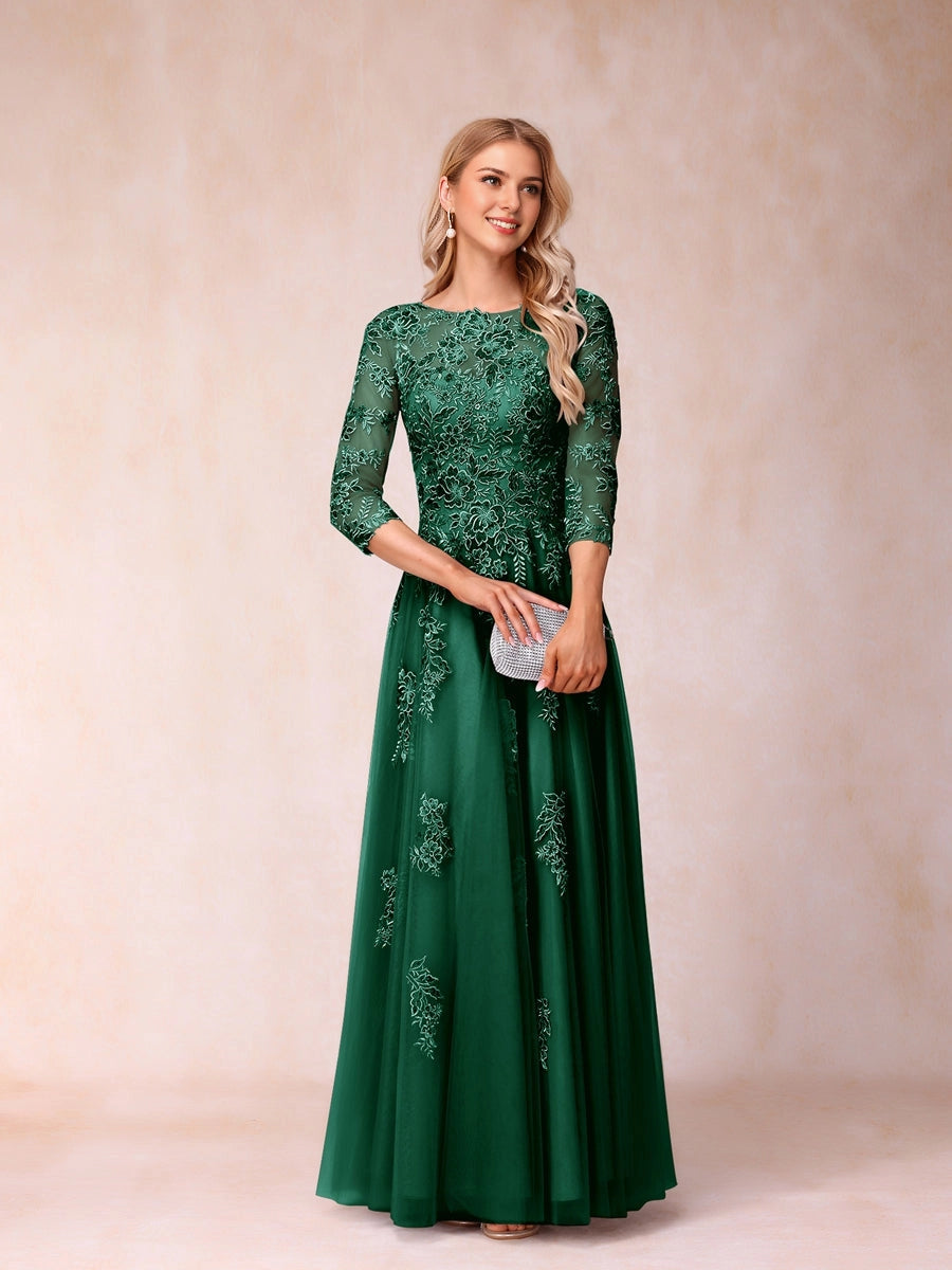 Graceful A Line Round 3/4 Sleeve Illusion V Back Lace Long Mother Of Bride Dress
