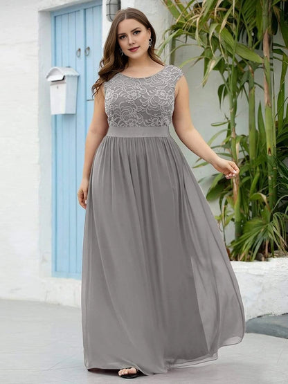 Romantic A-Line Round Cap Sleeve V-Back Sash Waist Floor-Length Plus Size Bridesmaid Dress