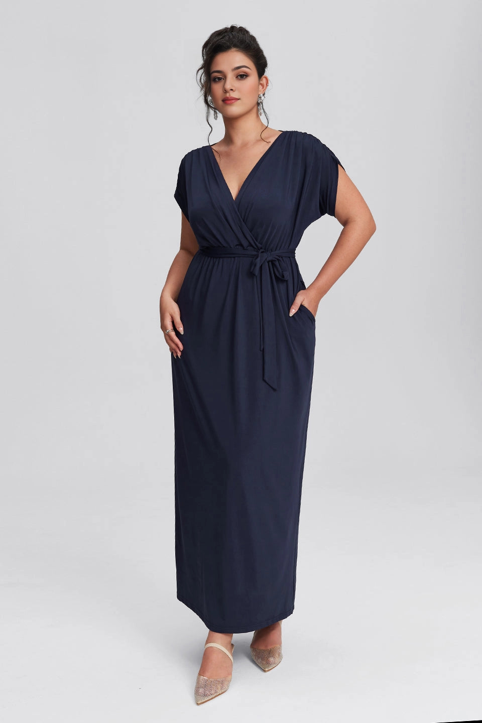 Navy Plus Size A‑Line Wrap V‑Neck Dolman‑Sleeve Pleated‑Back Floor‑Length Prom Dress