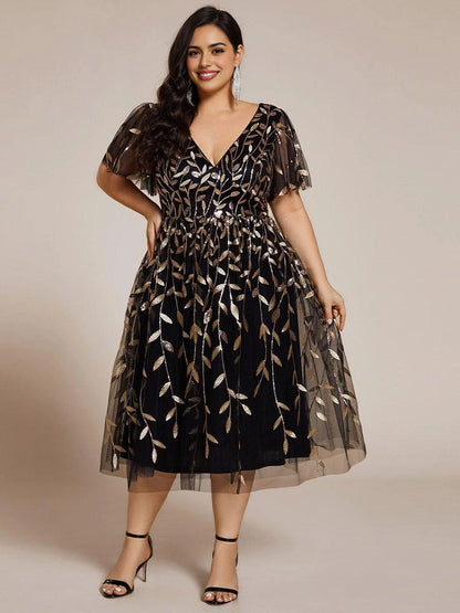 Roselledress Burgundy Leaf Sequin V-Neck Flutter Sleeve Zip Back Midi Plus Size Weeding Guest Dress