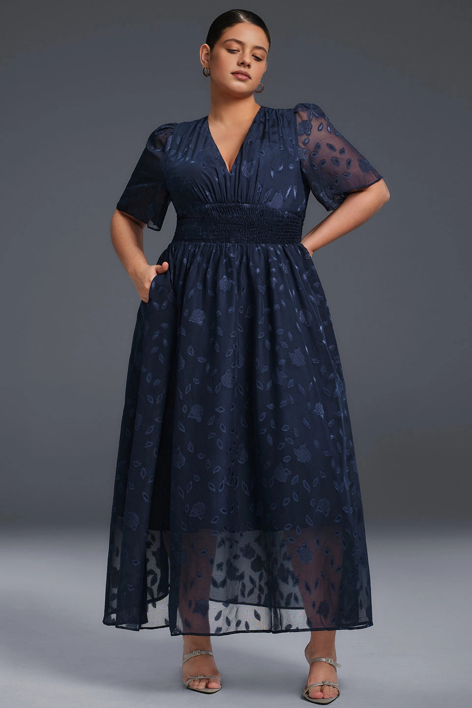 A-line Midi V-Neck Flutter-Sleeve Zip-Back Midi plus size Mother Of Bride Dress