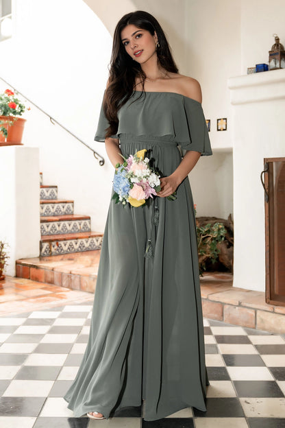 roselledress sage green chiffon bridesmaid maxi dress off shoulder ruffle sleeve drawstring slit formal gown