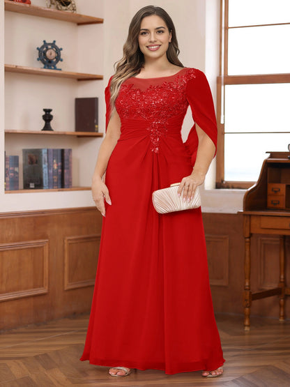 RoselleDress Dusty Rose A‑Line Illusion Round Neck Cape Sleeve Keyhole Back Plus Size Mother Of The Bride Dress