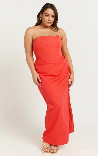 Sleek Sheath Strapless Straight Back Zipper Back Plus Size Corset Slit Midi Prom Dress