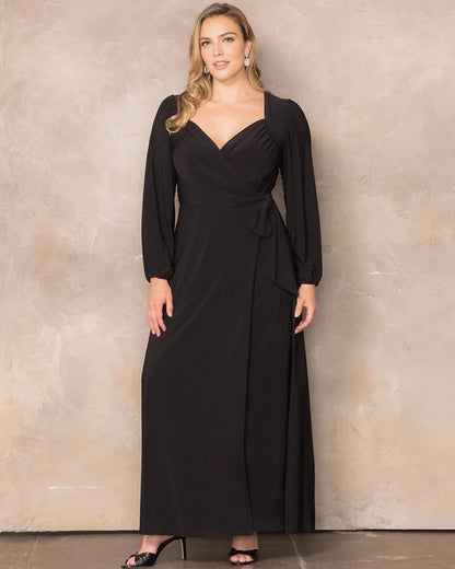 Roselledress Long‑Sleeve Wrap Maxi Plus Size Wedding Guest Dress