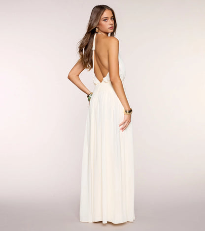 Flowy A Line Halter Keyhole Tie Back Maxi Bridesmaid Gown