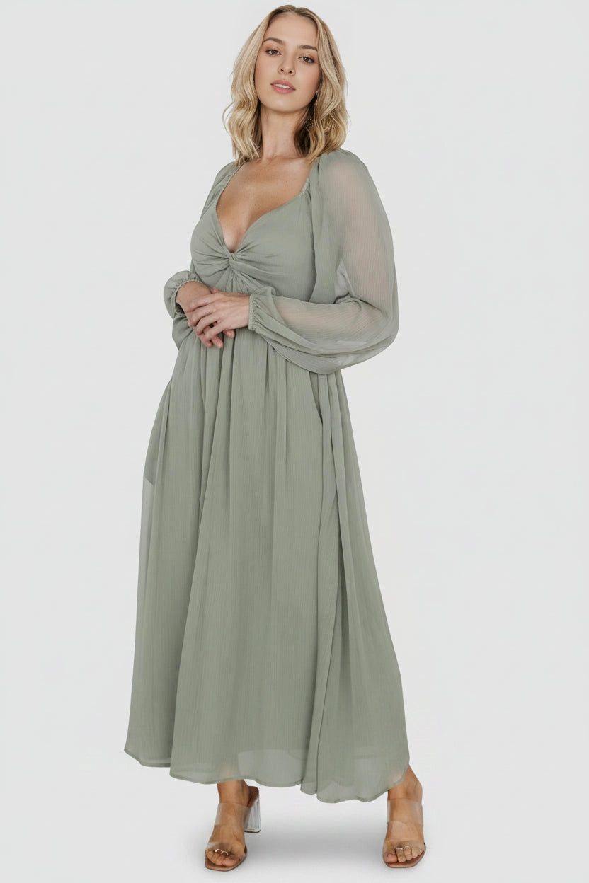 Flowy Midi V-Neck Twist Long Sleeve Smocked-Back Mother Of Bride Dress