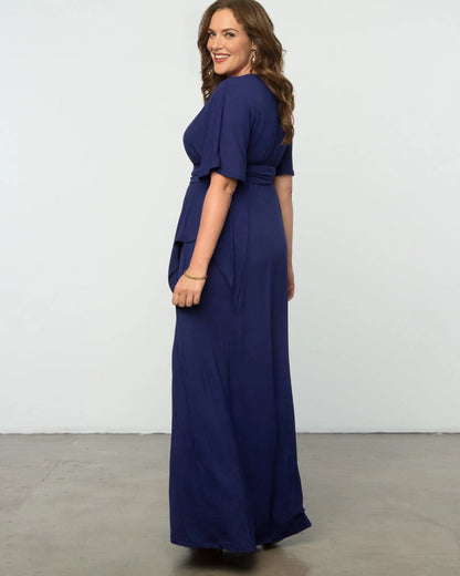 Elegant Plus Size A-Line V-Neck Flutter Sleeve Closed Back Long Mother of the Bride Dress