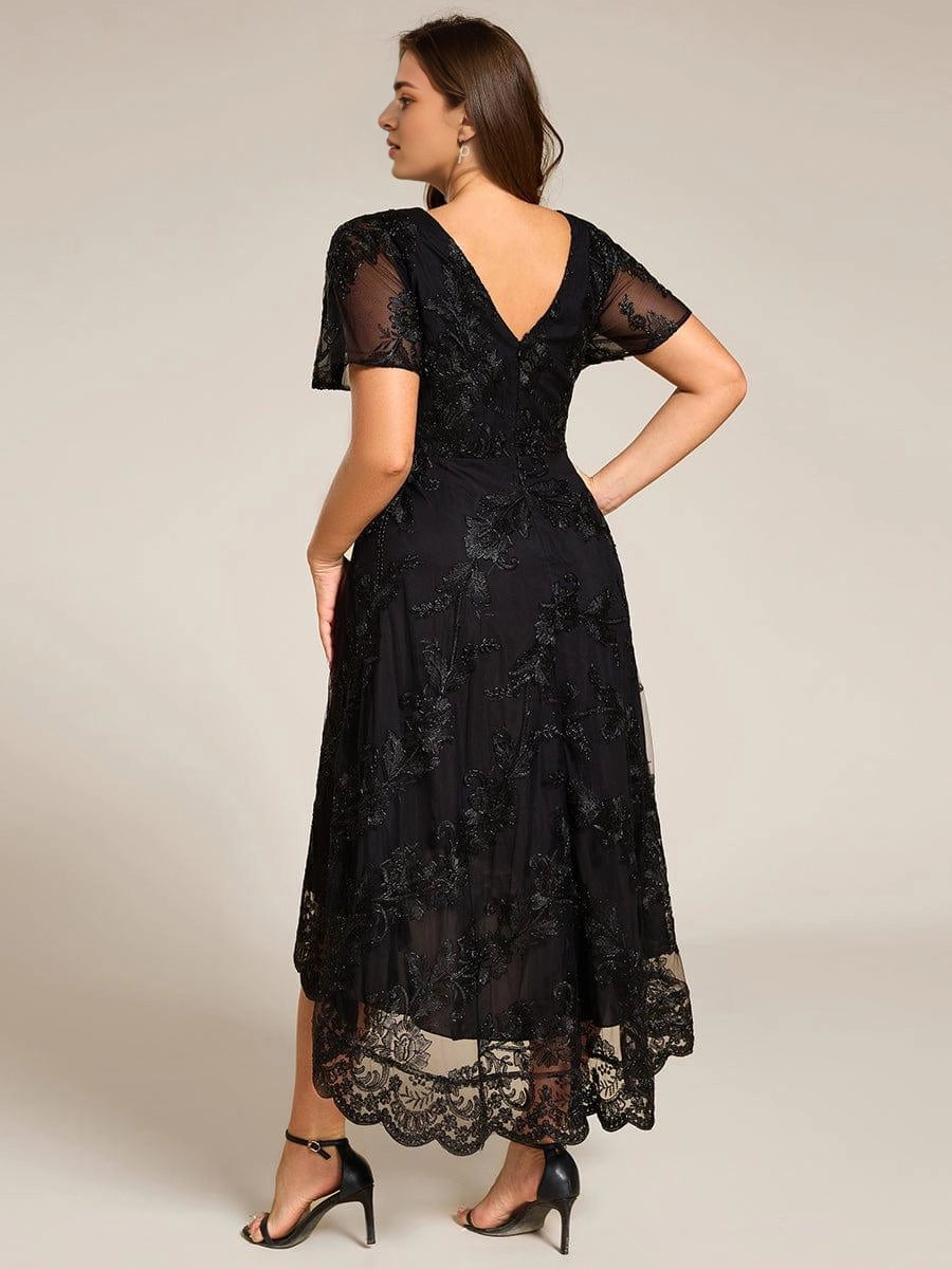 Roselledress High-Low A-Line V-Neck Flutter-Sleeve V-Zip-Back Midi Plus Size Weeding Guest Dress