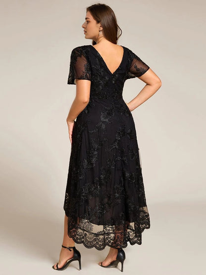 Roselledress High-Low A-Line V-Neck Flutter-Sleeve V-Zip-Back Midi Plus Size Weeding Guest Dress