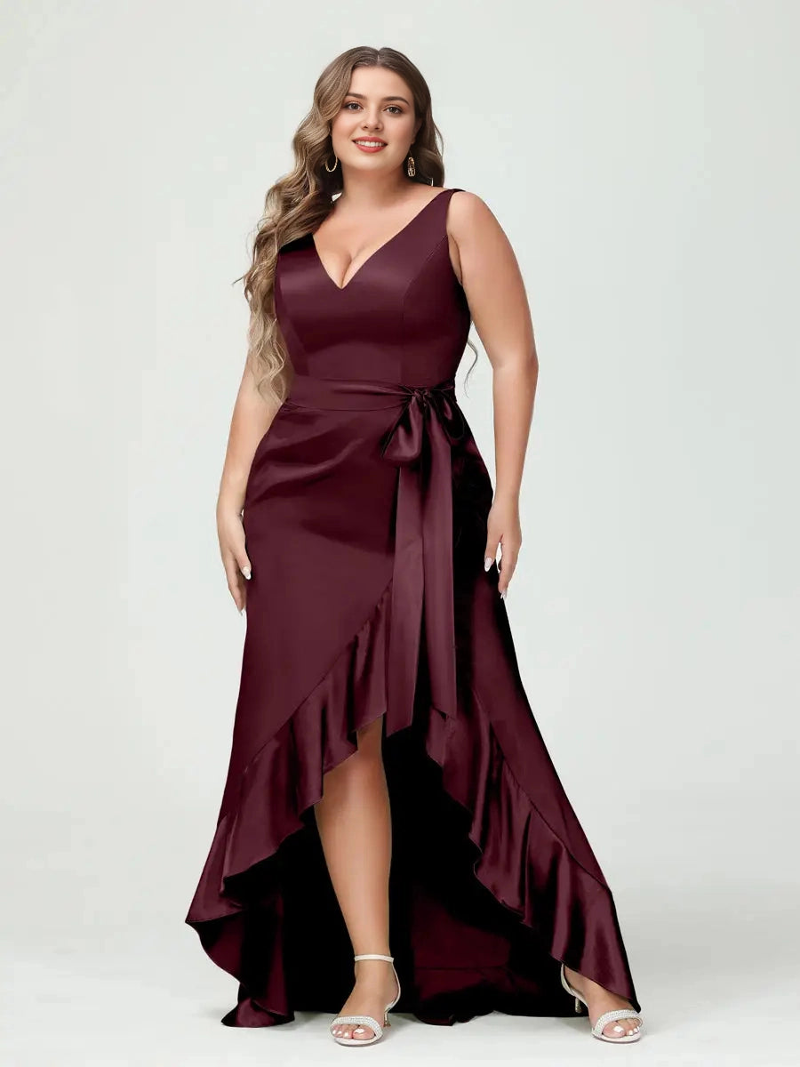 Elegant High-Low V-Neck Sash-Tie Zip-Back Plus Size Satin Prom Dress