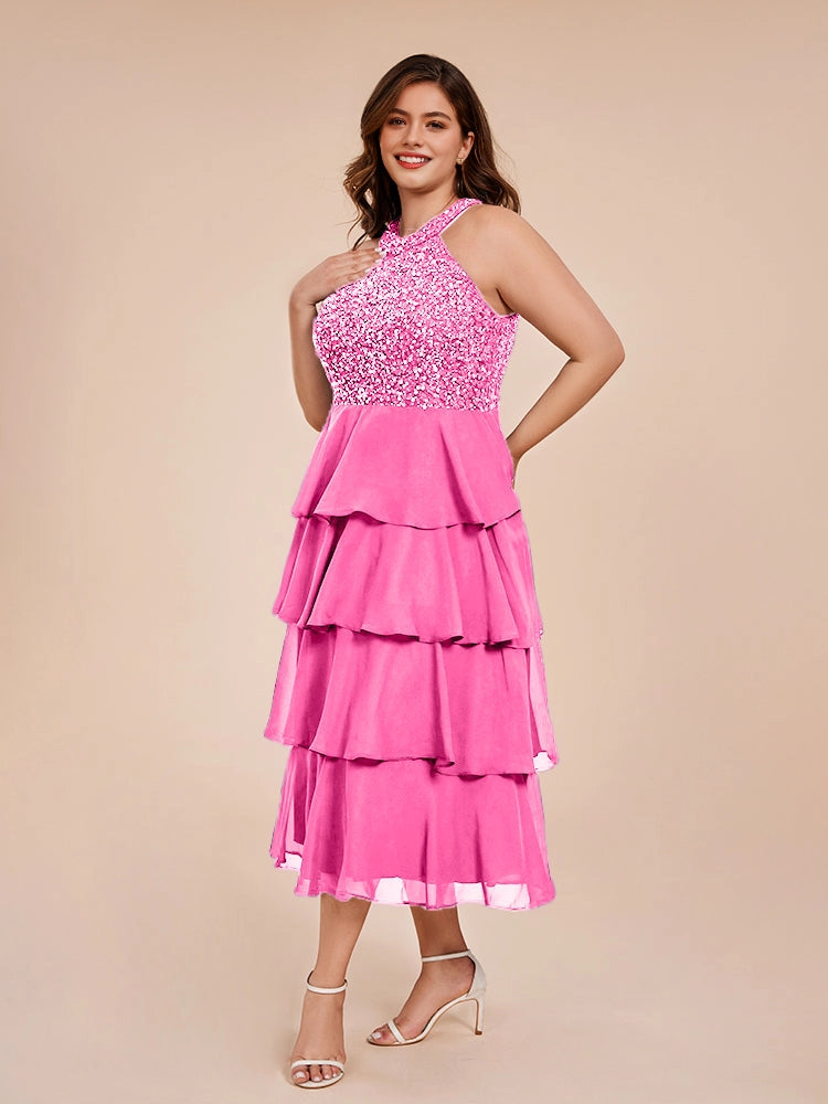 elegant a‑line halter sleeveless tie‑back midi plus size wedding guest dress