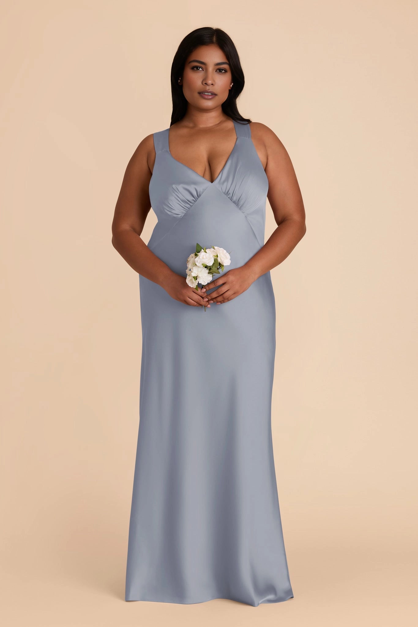 Soft Satin Mermaid V Neck Sleeveless Cross Back Maxi Plus Size Bridesmaid Dress