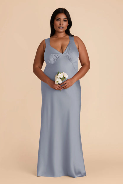 Soft Satin Mermaid V Neck Sleeveless Cross Back Maxi Plus Size Bridesmaid Dress