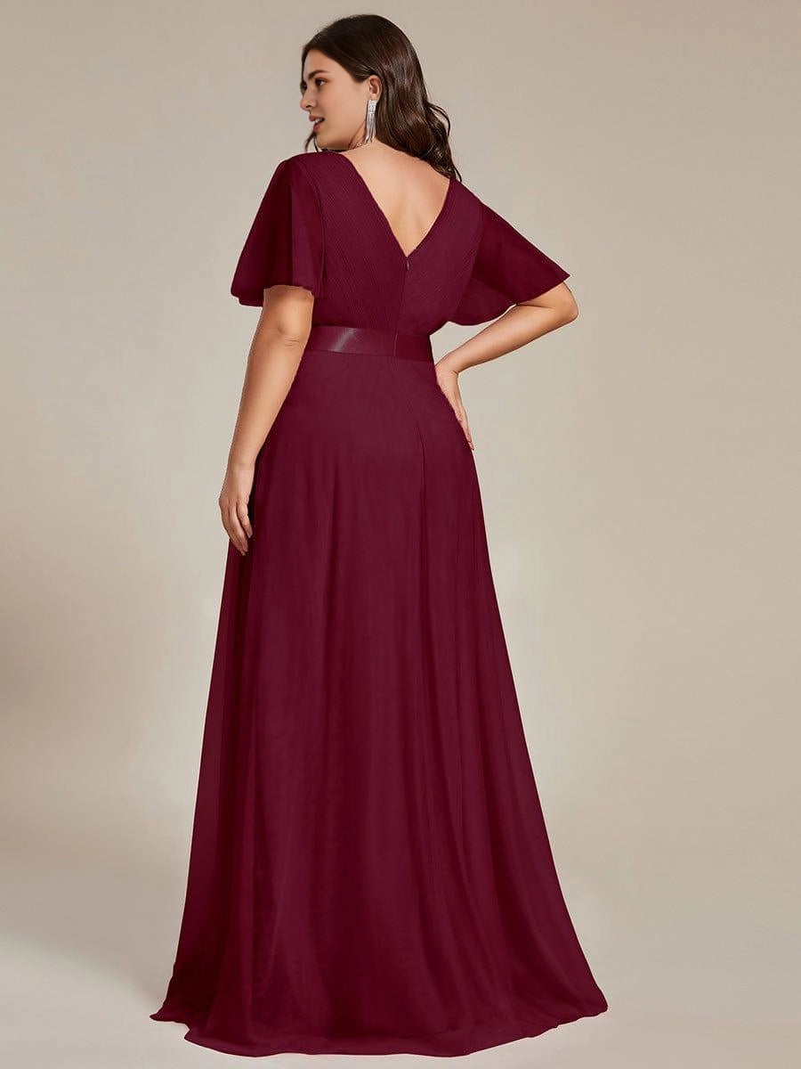 Roselledress Soft A-Line V-Neck Flutter-Sleeve V-Zip-Back Floor-Length Plus Size Weeding Guest Dress