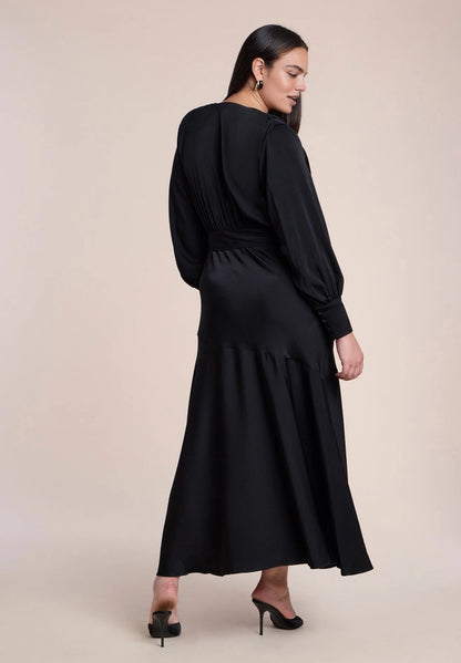 Roselledress Ruffle-Hem Long-Sleeve Satin Midi Plus Size Wedding Guest Dress