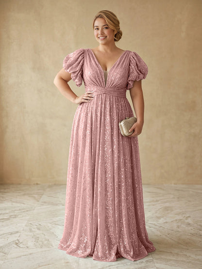 Glamorous A-Line Deep V Puff Sleeve V-Back Floor Length Plus Size Prom Dress