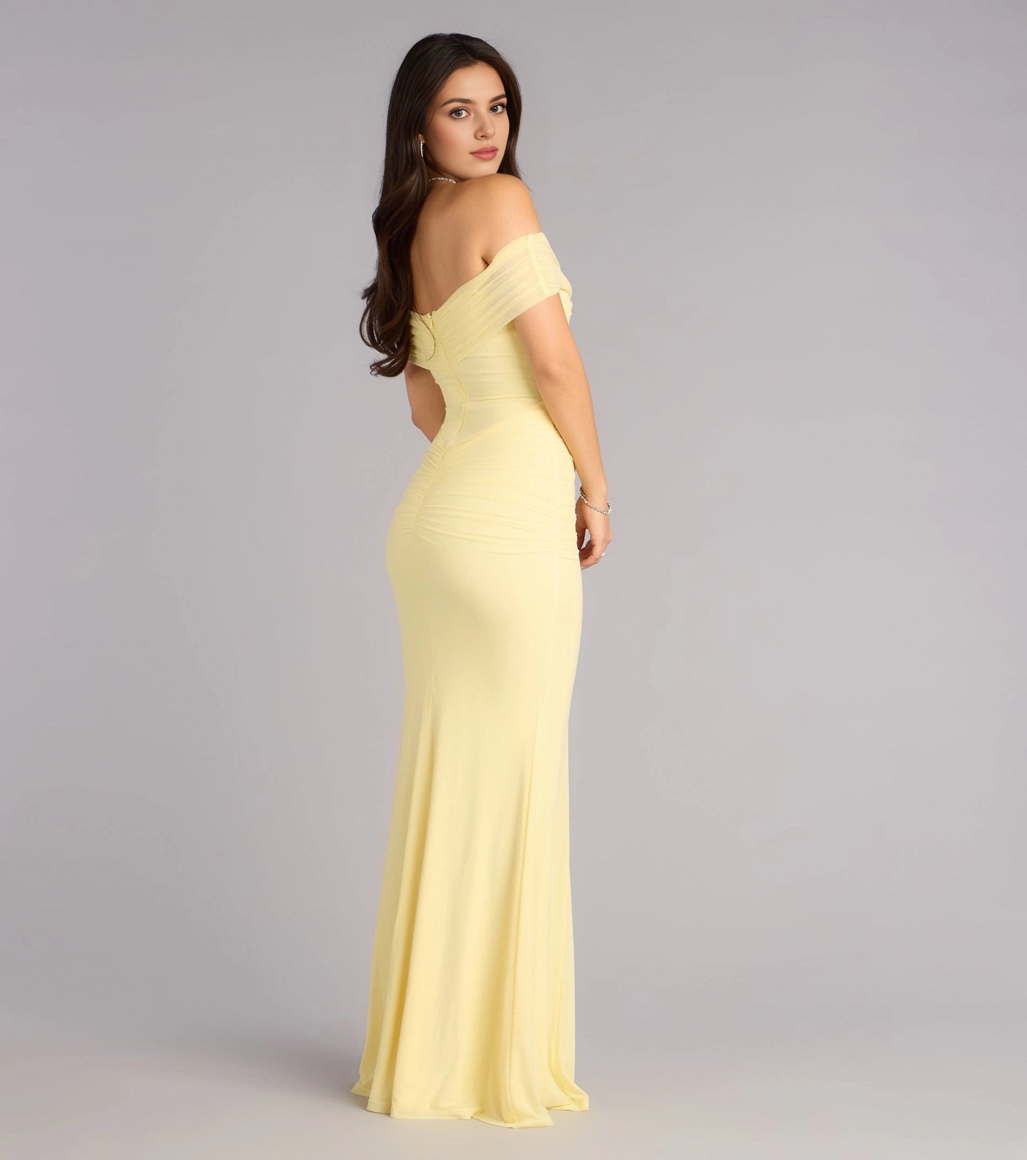 Roselledress butter yellow off shoulder mesh maxi dress invisible zipper back ruched waist formal evening gown