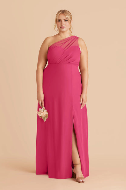 Flowy Chiffon A‑Line One‑Shoulder Sleeveless Mesh Back Slit Maxi Plus Size Bridesmaid Dress